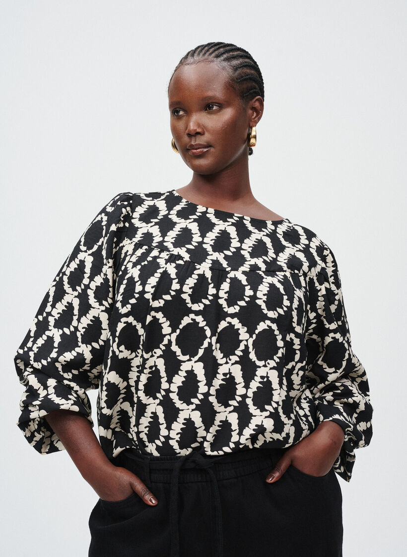  Langarmbluse mit Print und Schleifen, Schwarz, Image image number 0