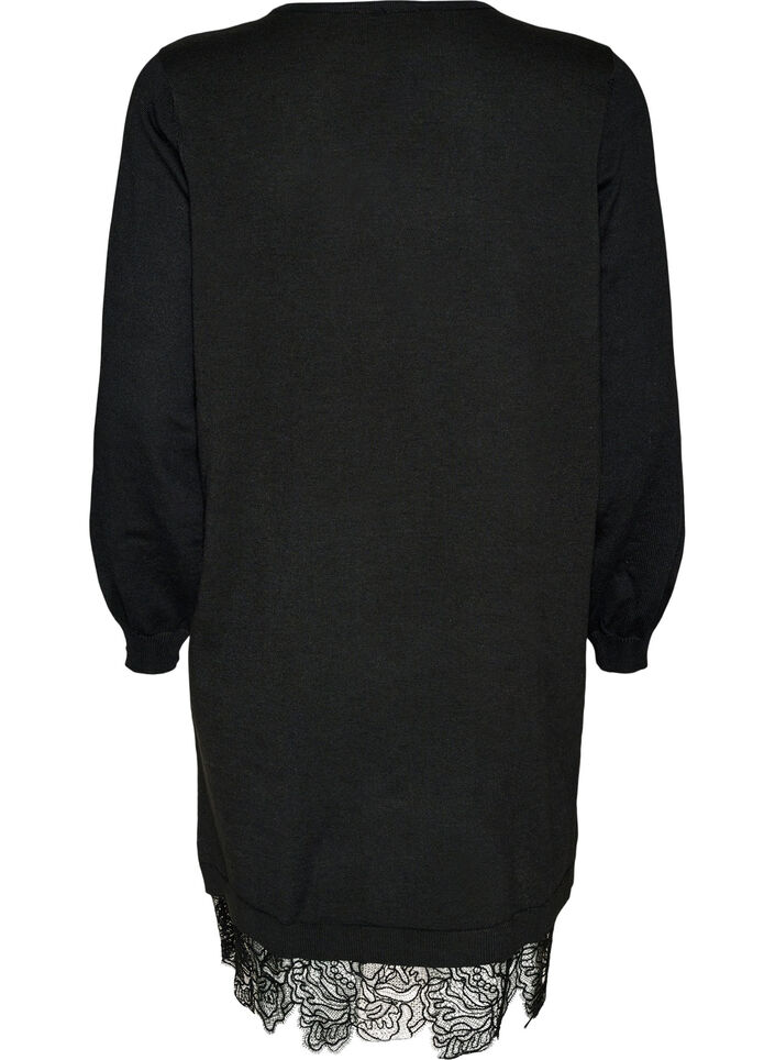 Kurzes Kleid aus Strick mit Spitzensaum, Schwarz, Packshot image number 1