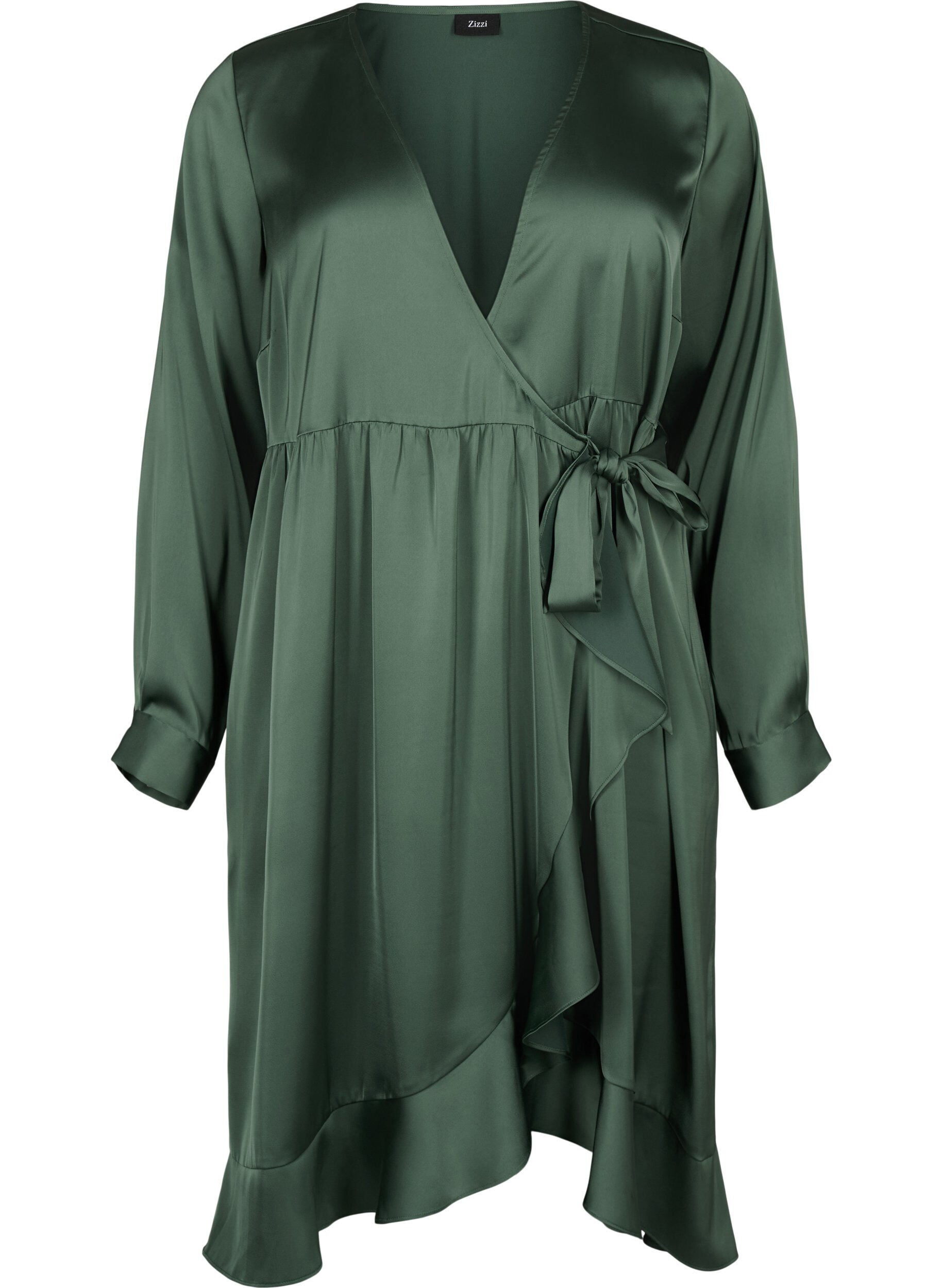 Zizzi Lang&auml;rmliges Wickelkleid aus Satin, Duck Green, Packshot image number 0