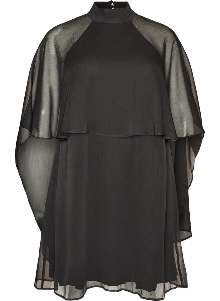 Knielanges Kleid aus Chiffon mit transparentem Cape, Schwarz, Packshot image number 0