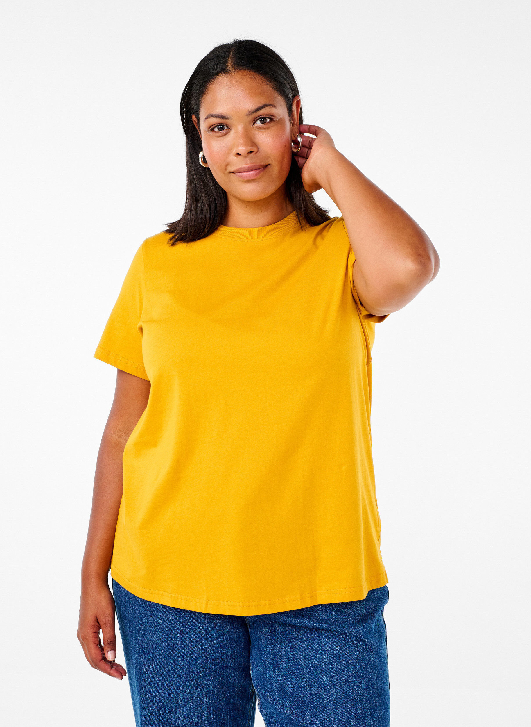 ZizziBasic-T-Shirt aus Baumwolle mit Rundhalsausschnitt, Gelb, Model image number 0