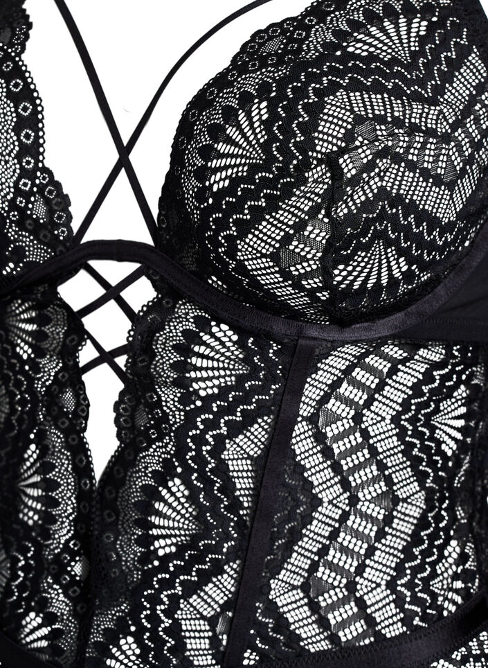 Spitzenbody mit Schn&uuml;rdetails, Schwarz, Packshot image number 2