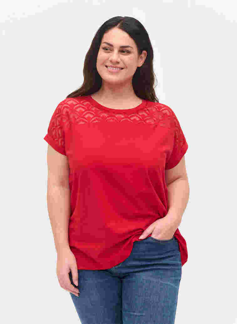Baumwoll-T-Shirt mit Spitze und kurzen Ärmeln, Tango Red, Model