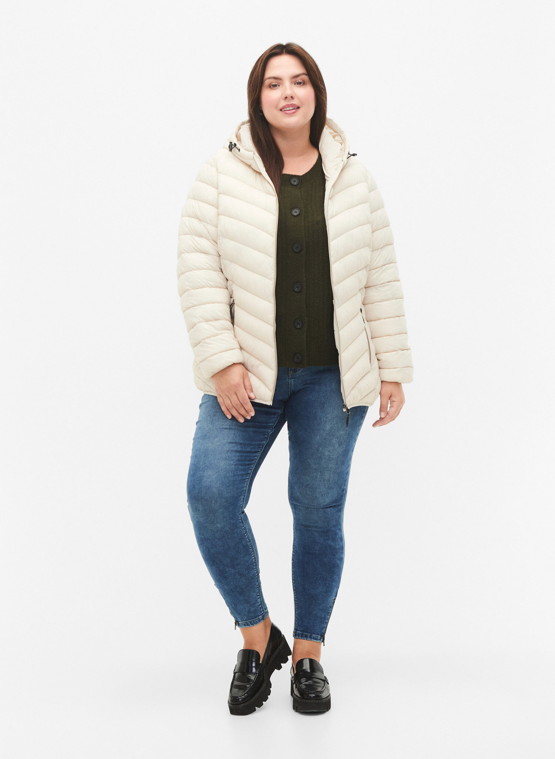 Zizzi Leichte Steppjacke mit Kapuze, Beige, Model image number 1