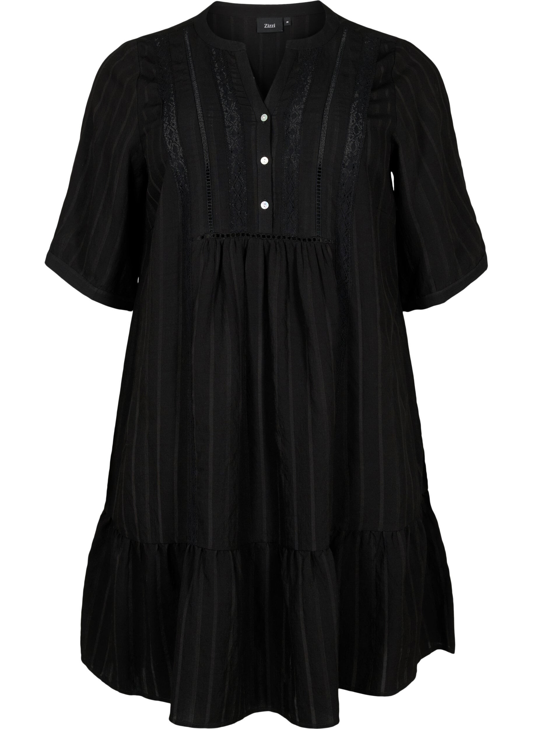Zizzi Gestreiftes Viskose Kleid mit Spitzenb&auml;ndern, Black, Packshot image number 0