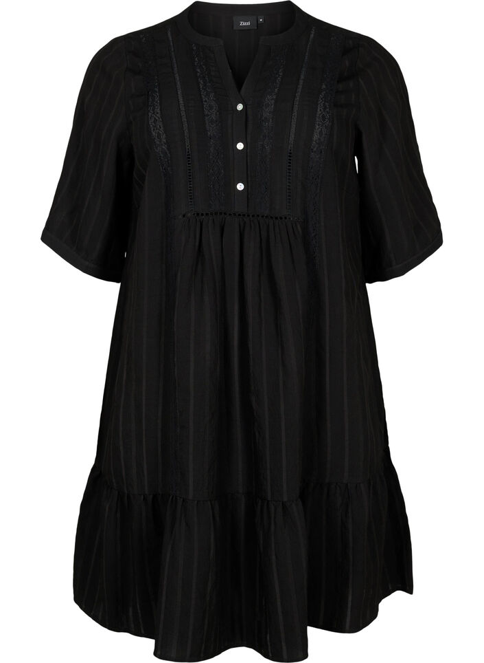 Gestreiftes Viskose Kleid mit Spitzenbändern, Black, Packshot image number 0