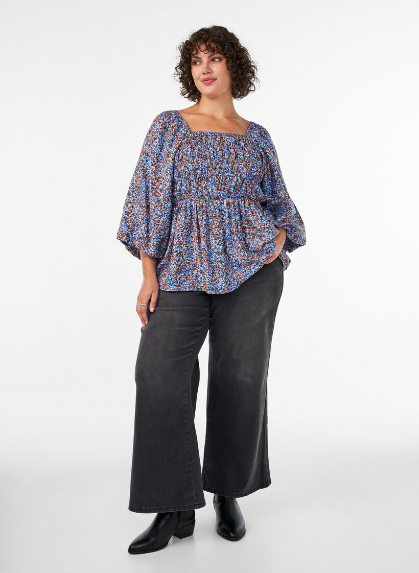 Bluse mit Smock und Karree-Ausschnitt, Blau, Model image number 1