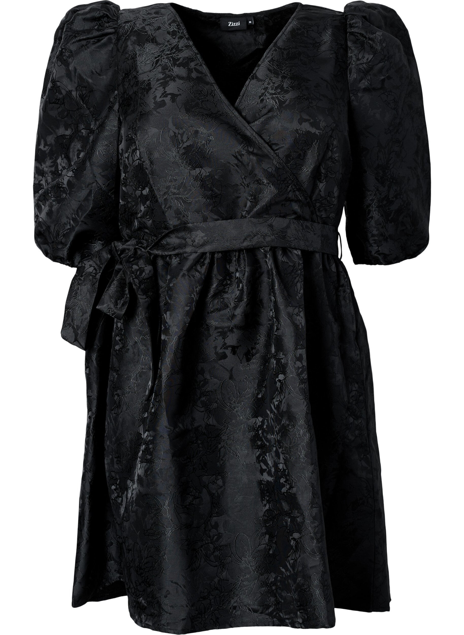 Zizzi Kurzes Wrap-Kleid mit 3/4-&Auml;rmeln, Black, Packshot image number 0