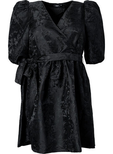 Kurzes Wrap-Kleid mit 3/4-Ärmeln, Black, Packshot image number 0
