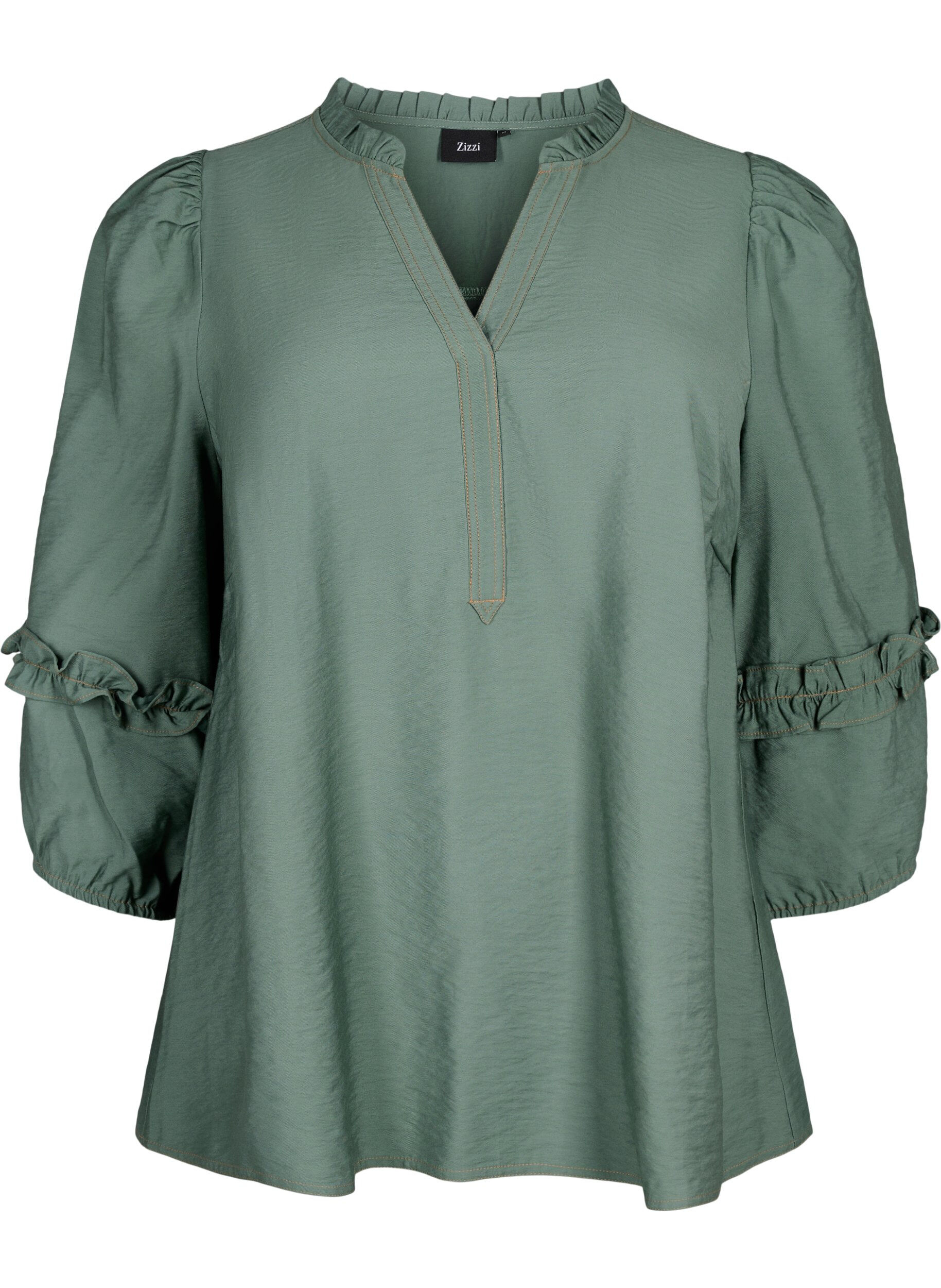 Zizzi Bluse mit Ruffles, Duck Green, Packshot image number 0