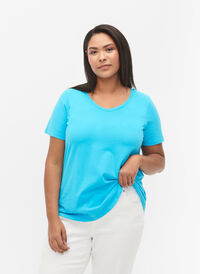 Einfarbiges basic T-Shirt aus Baumwolle, Blue Atoll, Model