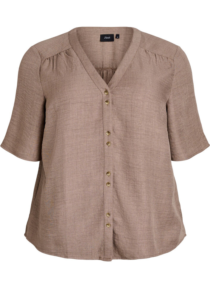 Hemdbluse mit V-Ausschnitt und kurzen &Auml;rmeln, Braun, Packshot image number 0