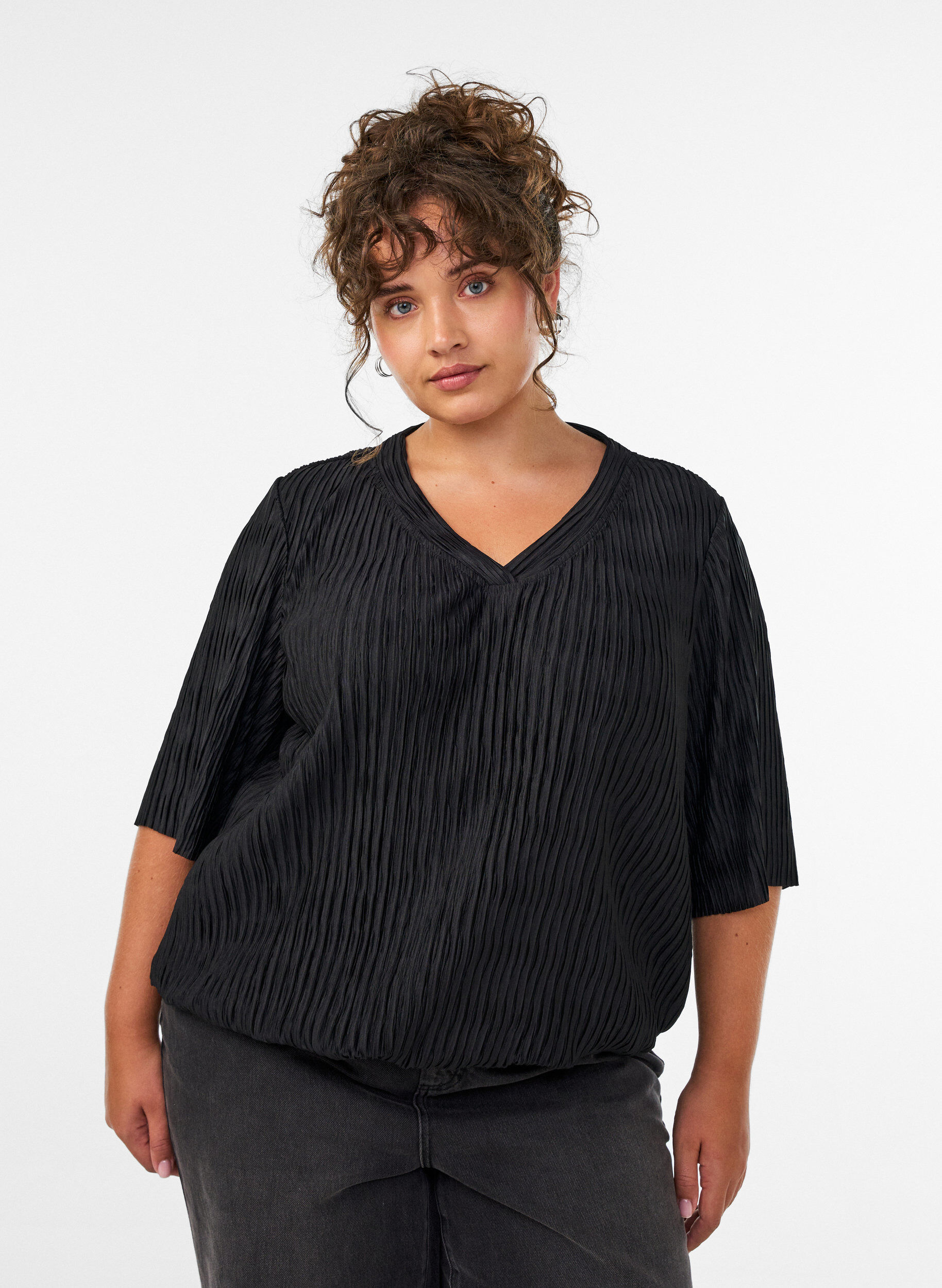 ZizziBluse mit welliger Struktur und Ballonform, Schwarz, Model image number 0
