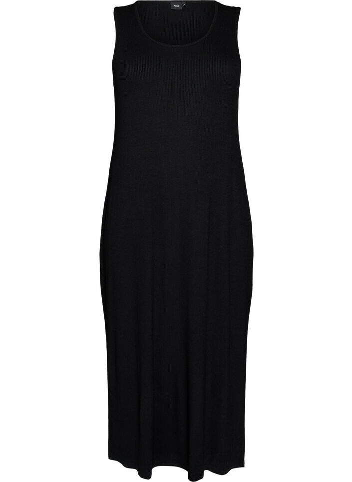 &Auml;rmelloses geripptes Kleid aus Viskose, Schwarz, Packshot image number 0