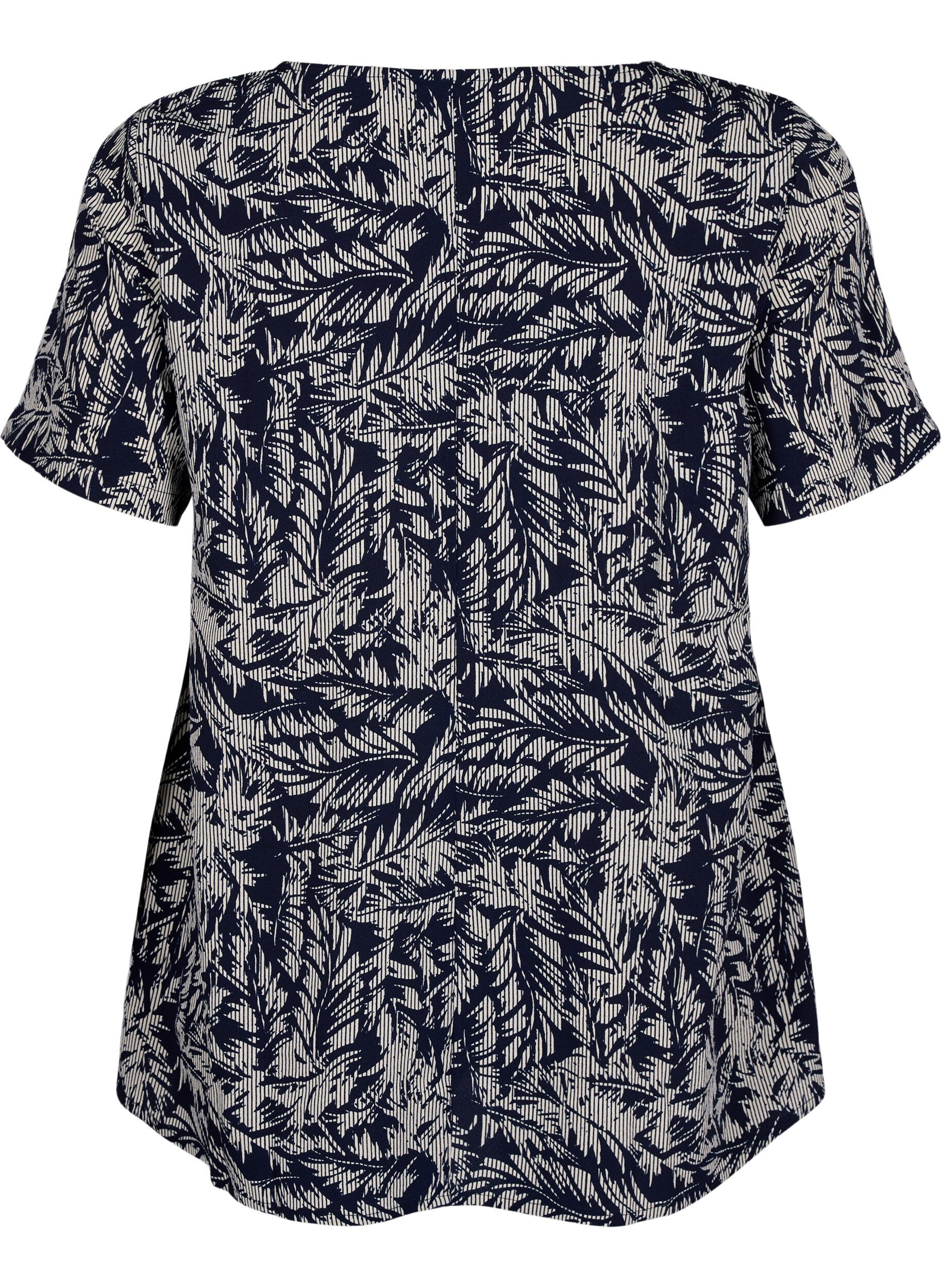 Zizzi FLASH &ndash; Kurz&auml;rmelige Bluse mit Print, Off White Blue Leaf, Packshot image number 1