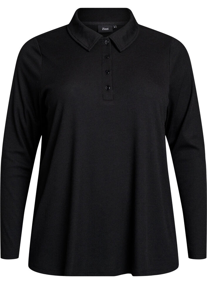 Langärmliges Poloshirt aus dehnbarem Rippmaterial, Schwarz, Packshot image number 0