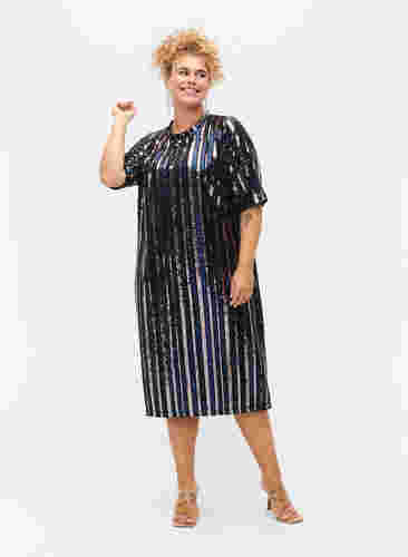 Kurzärmeliges Paillettenkleid mit Schlitz, Evening Blue Stripe , Model image number 2