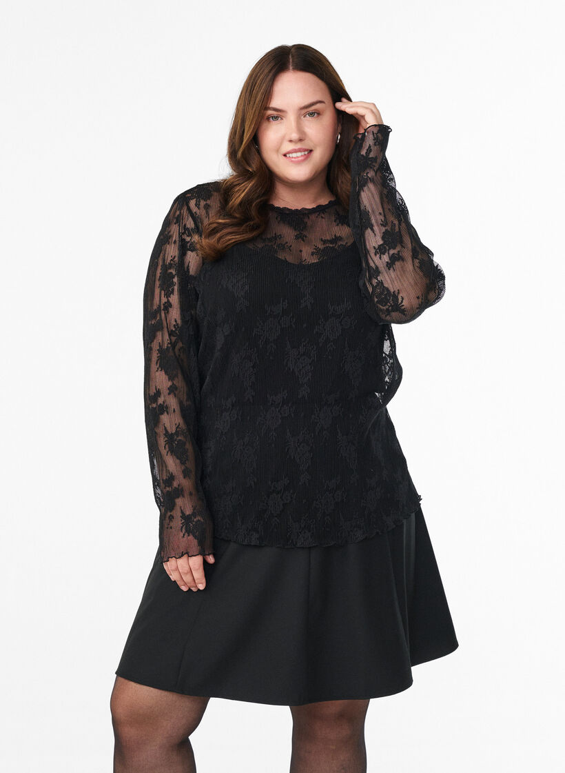 Langärmelige Bluse aus Mesh mit Spitzenmuster, Schwarz, Model image number 0