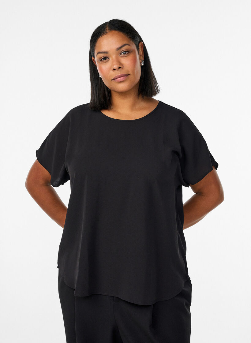 Bluse mit kurzen Ärmeln und Rundhalsausschnitt, Schwarz, Model image number 0