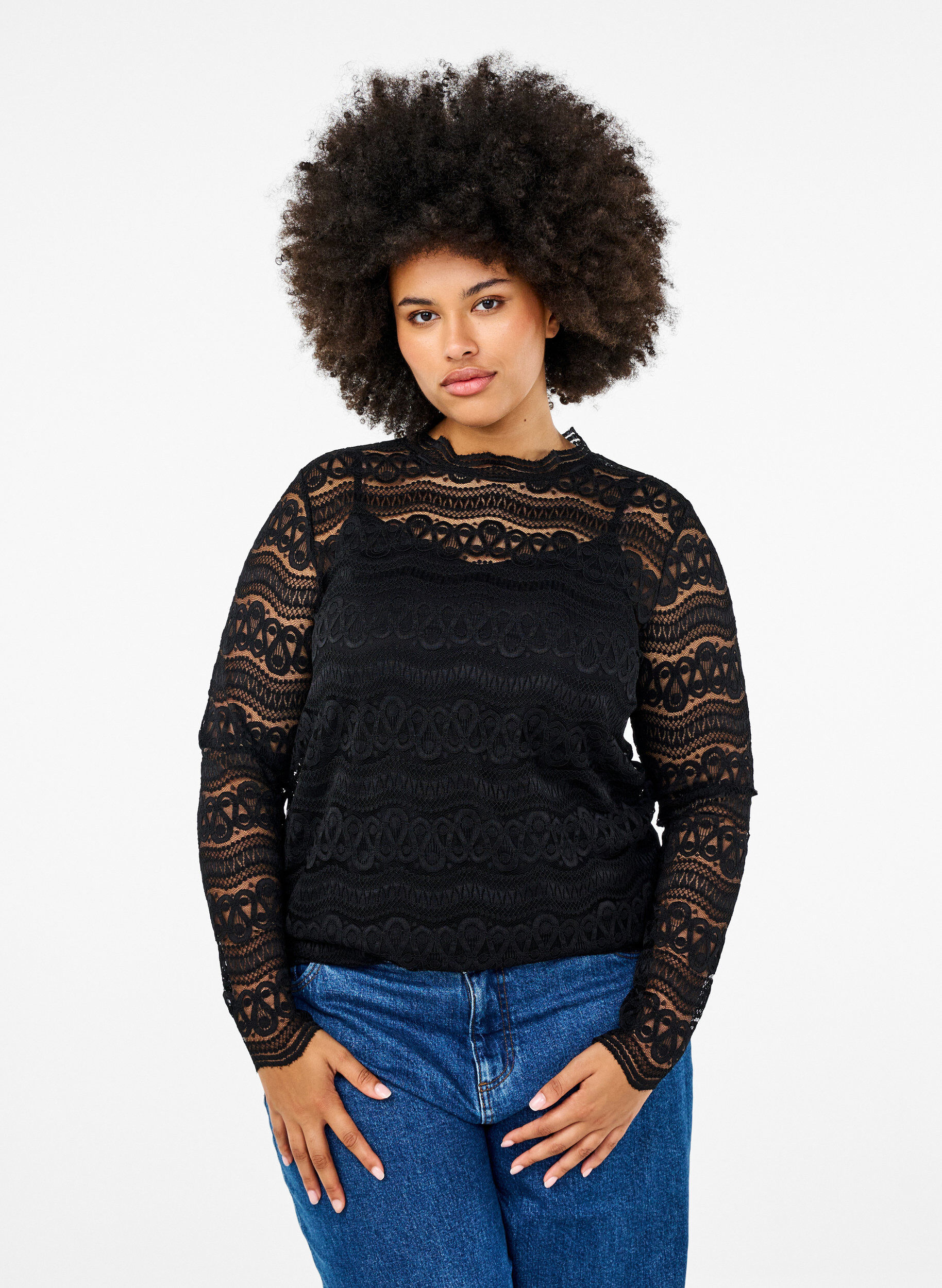 Zizzi Spitzenbluse mit langen &Auml;rmeln, Black, Model image number 0
