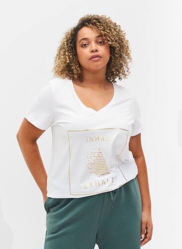 Sport-T-Shirt aus Baumwolle mit Aufdruck, White w. inhale logo, Model image number 0