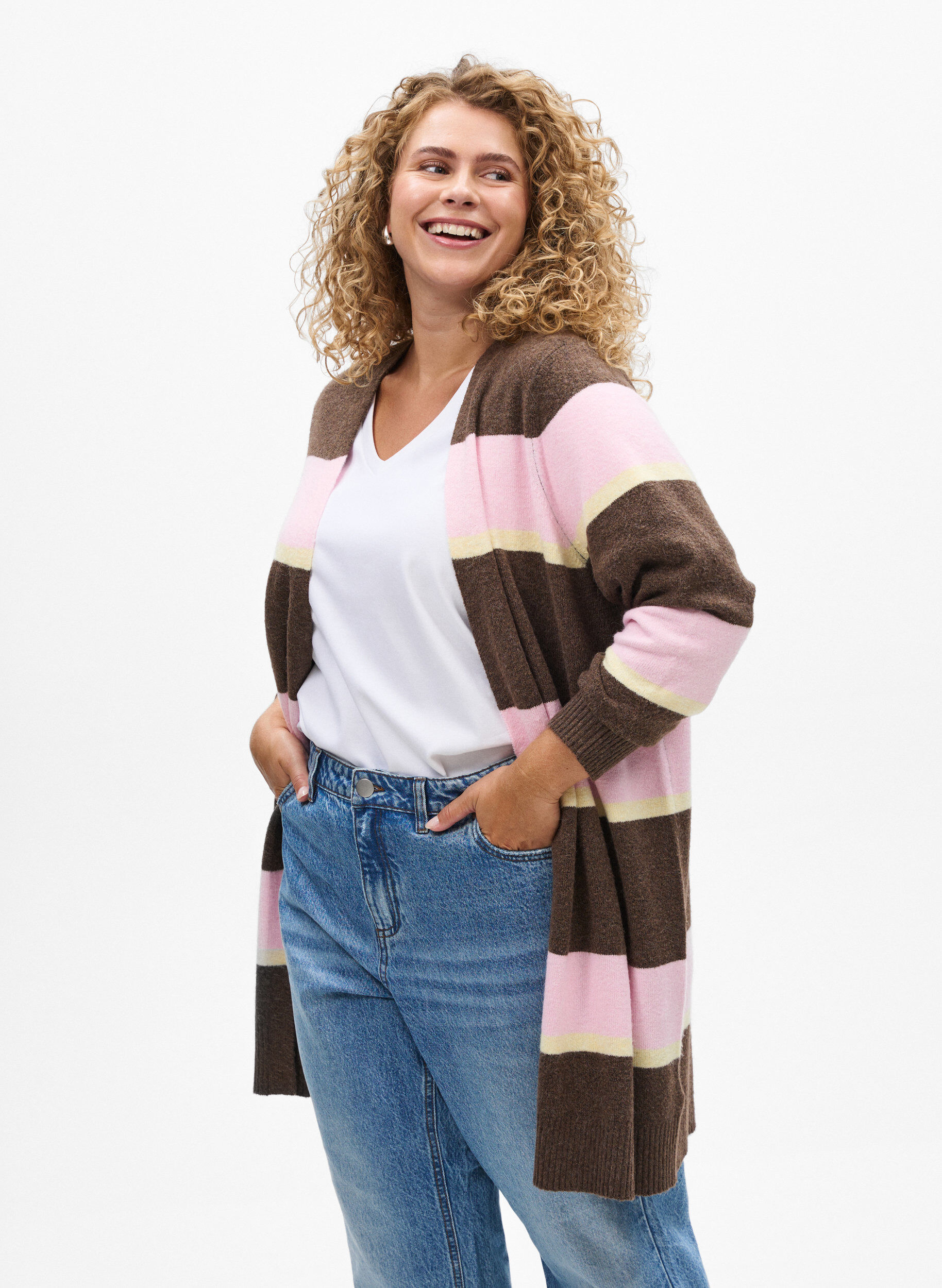 Zizzi Lange Strickjacke mit breiten Streifen, Braun, Model image number 0