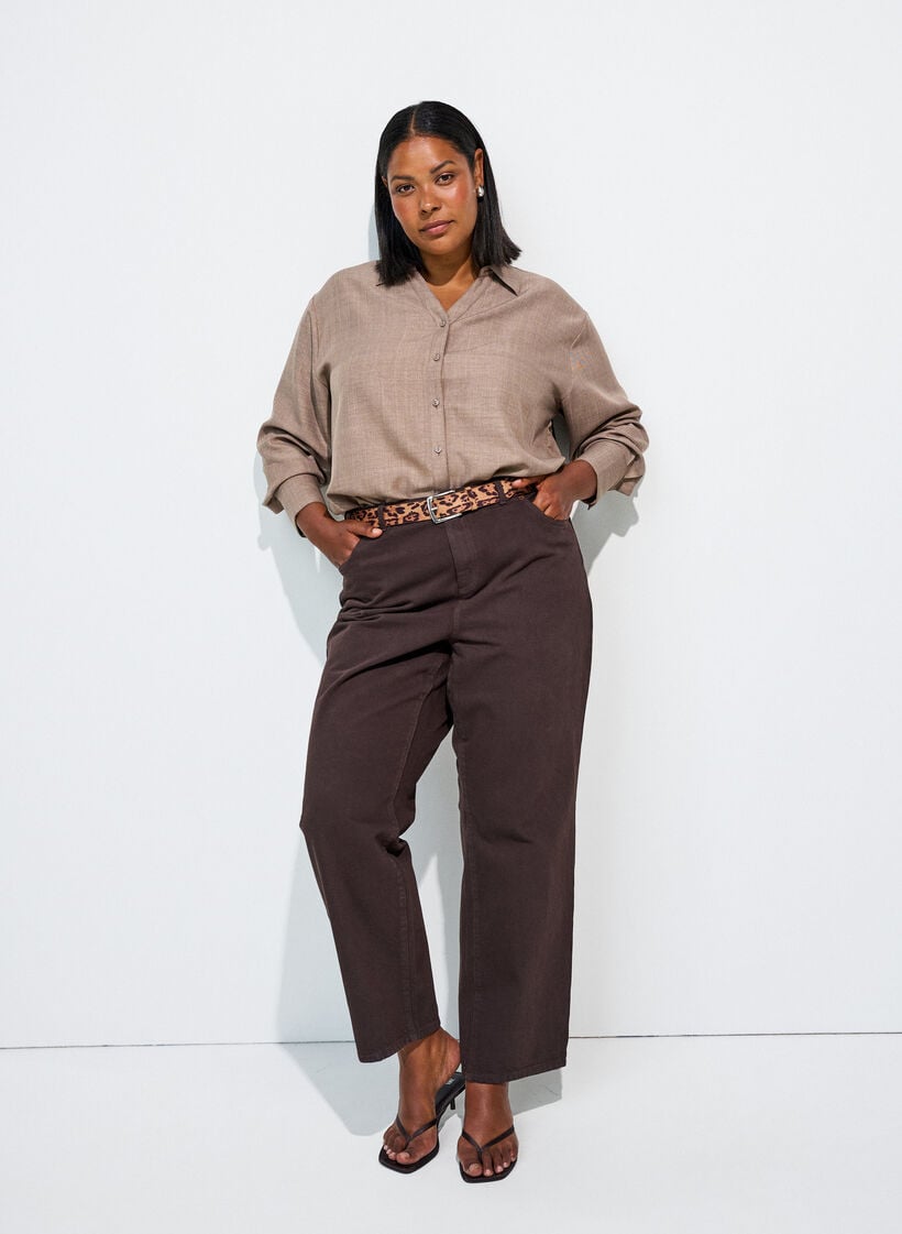 Lockere Bluse mit V-Ausschnitt, Braun, Model image number 1