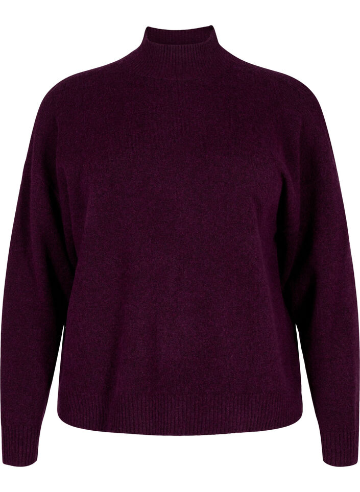 Gestrickte Wollbluse mit hohem Kragen, Potent Purple Mel., Packshot image number 0
