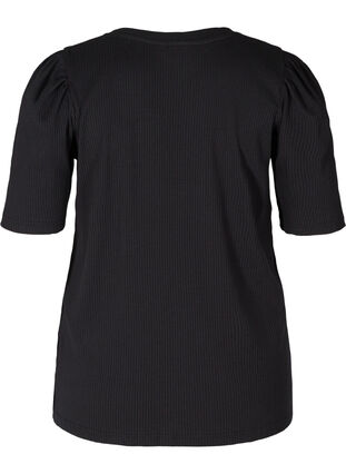 T-Shirt mit Ripp und kurzen Puffärmeln, Black, Packshot image number 1
