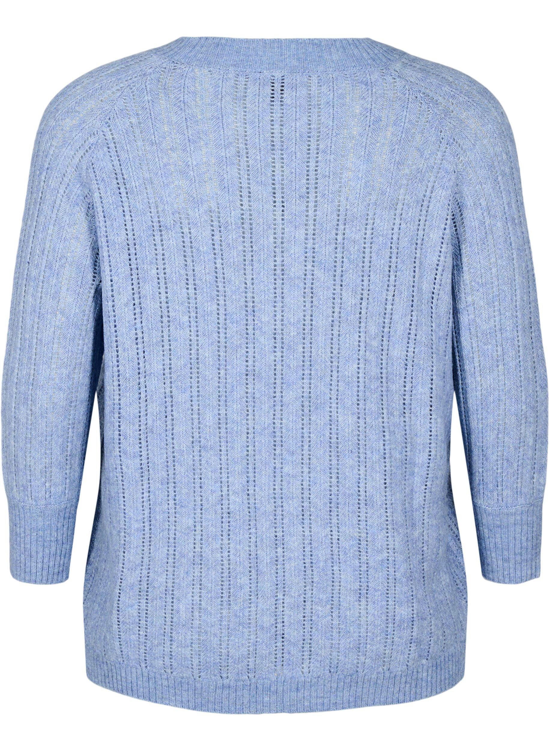 Zizzi Lockere Strickbluse aus Viskose mit 3/4-&Auml;rmeln und Lochmuster, Blau, Packshot image number 1