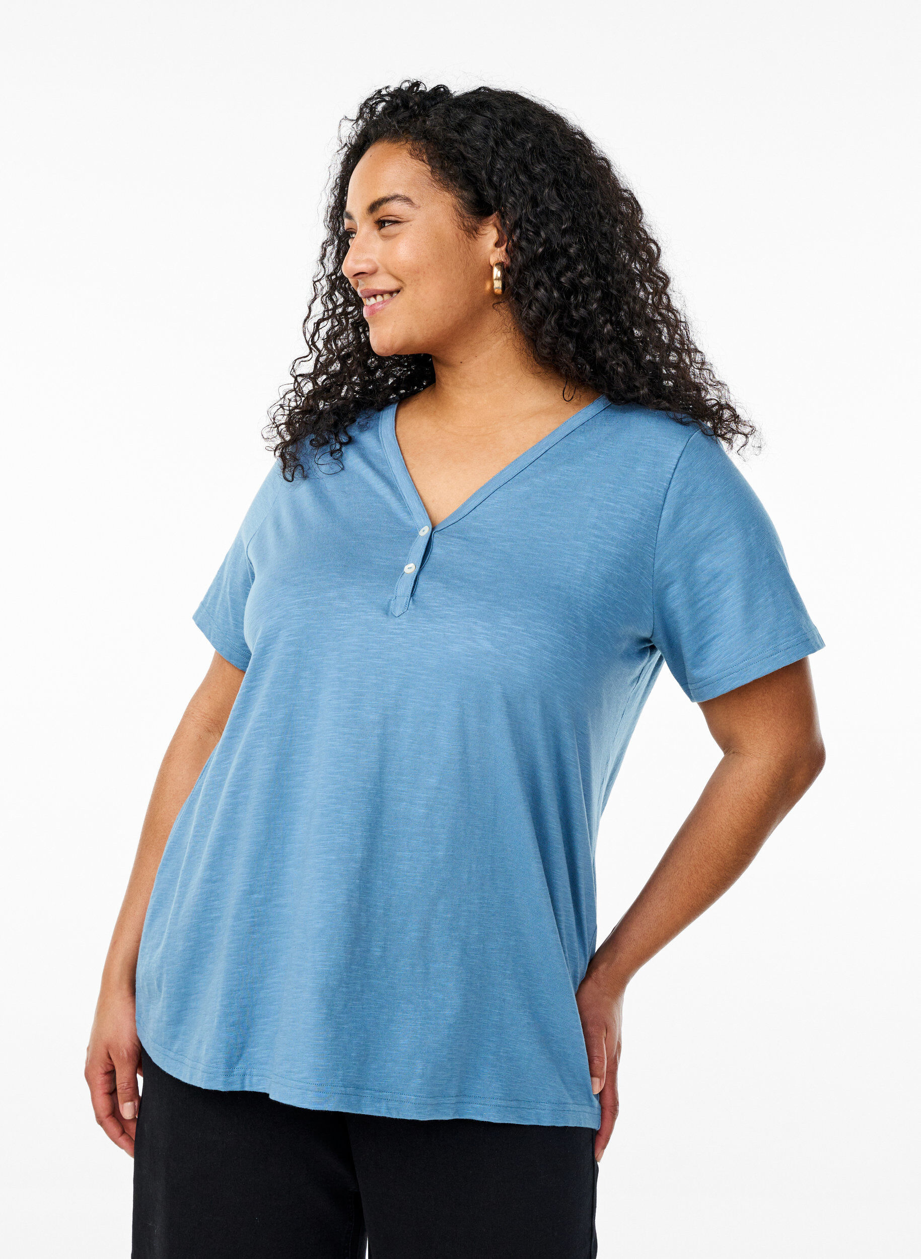 Zizzi FLASH - T-Shirt mit Knopfleiste, Blau, Model image number 0