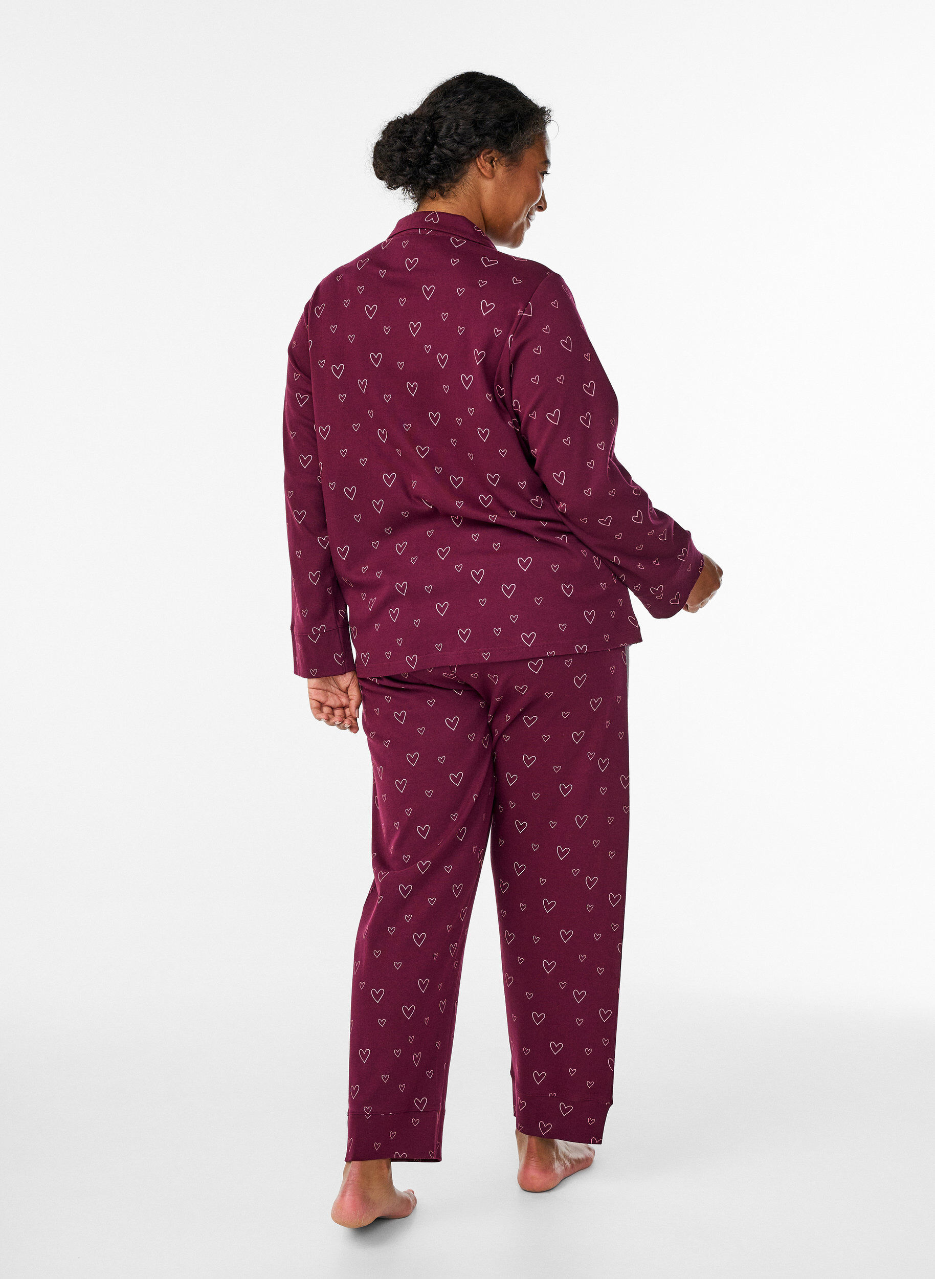 Zizzi Baumwoll-Pyjamahose mit hohem Bund, Dunkles Bordeaux, Model image number 1