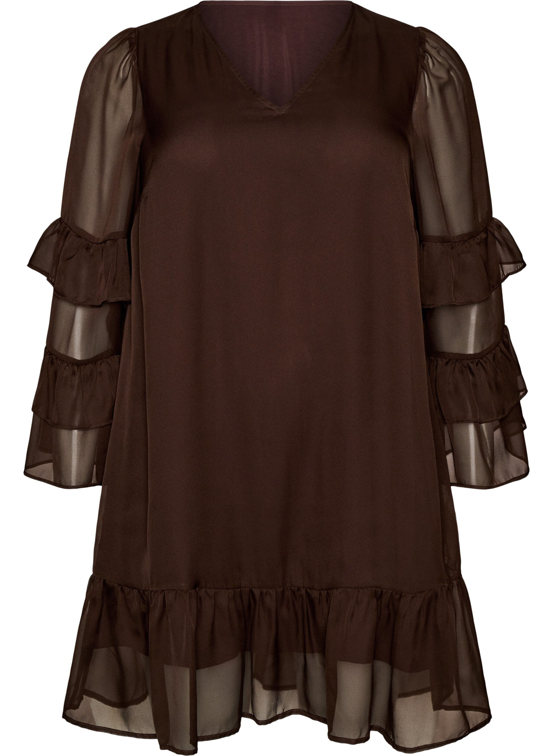 ZizziKurzes Kleid mit transparenten R&uuml;schen&auml;rmeln, Braun, Packshot image number 0