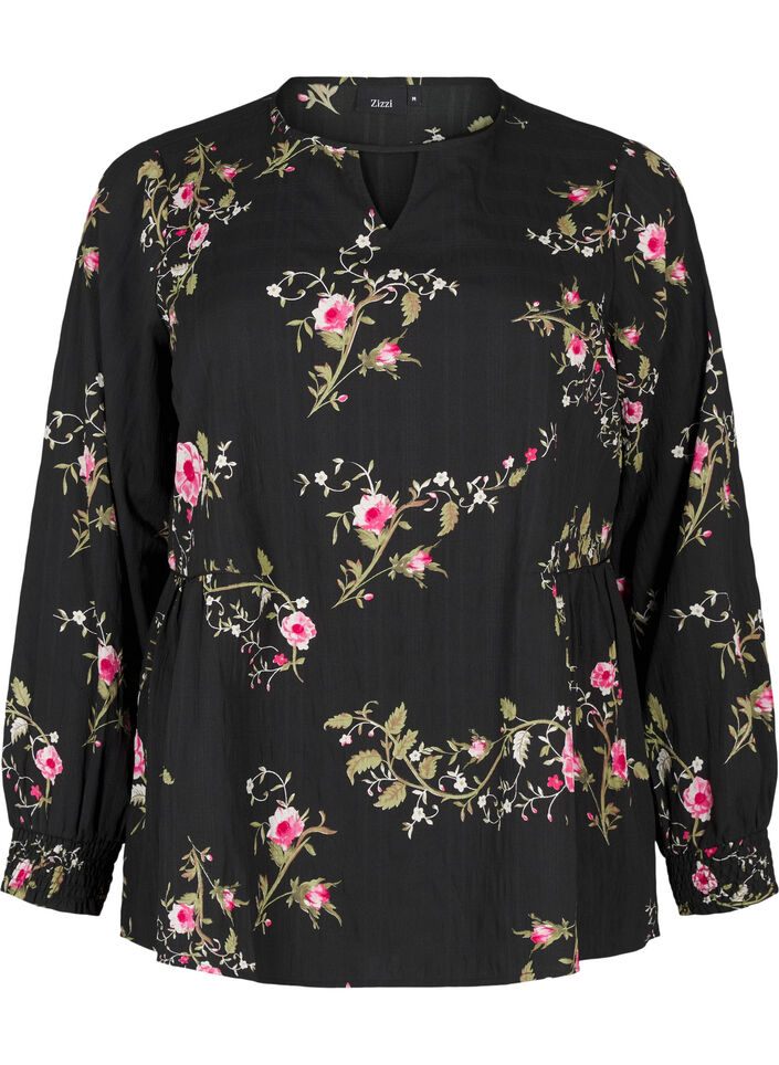 Lang&auml;rmelige Bluse mit gebl&uuml;mtem Muster, Schwarz, Packshot image number 0