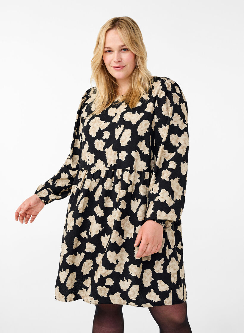 Langärmliges Kleid mit Muster und Schleifen, Schwarz, Model image number 0