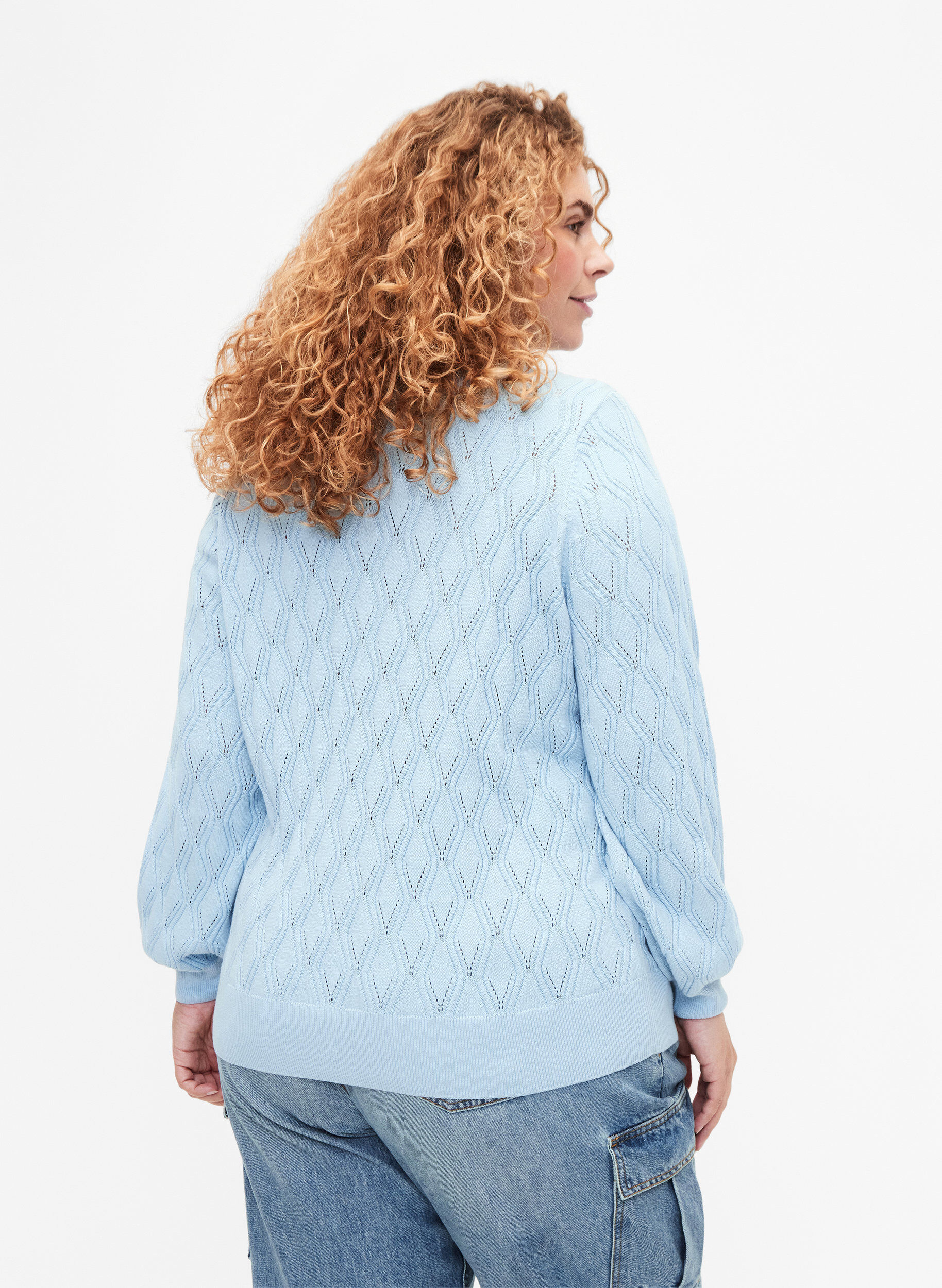 Zizzi Pullover mit Lochmuster und U-Boot-Ausschnitt	, Blue Bell, Model image number 1
