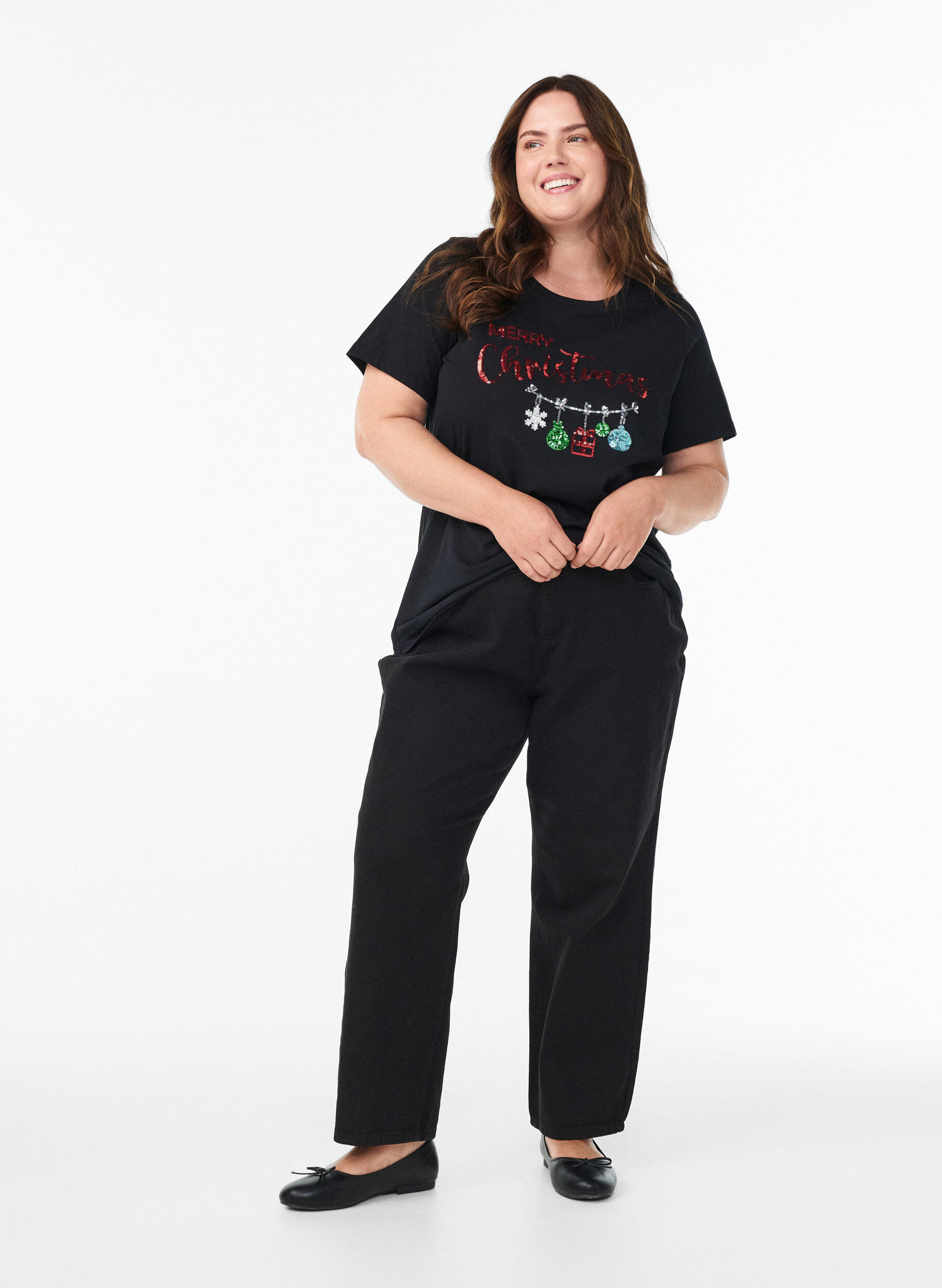 Zizzi Weihnachts-T-Shirt aus Bio-Baumwolle, Schwarz, Model image number 1