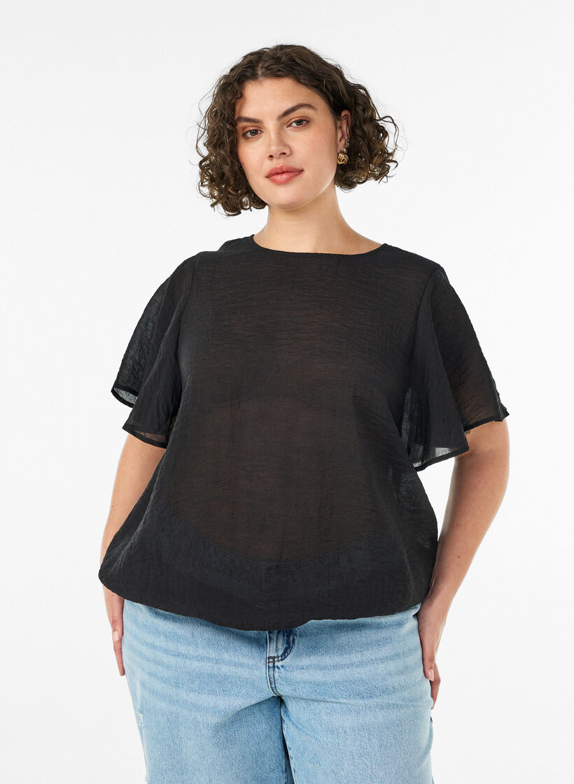 Bluse mit Ballonform und Fl&uuml;gel&auml;rmeln, Schwarz, Model image number 0