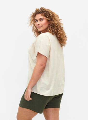 Kurzärmelige Bluse aus Baumwollmischung mit Leinen, Sandshell, Model image number 1