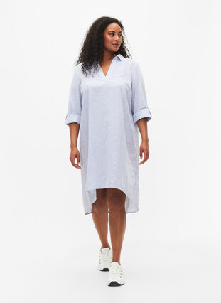 Gestreiftes Kleid aus Baumwolle und Leinen, Blue Stripe, Model image number 2