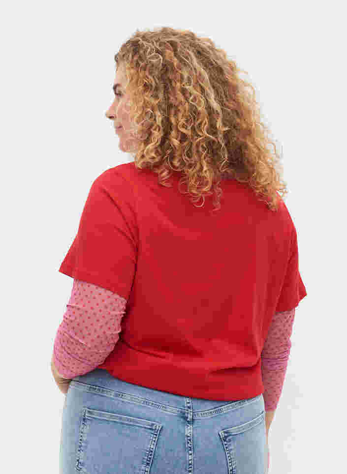 Kurzärmeliges Baumwoll-T-Shirt mit Textdruck, Chinese Red, Model image number 1