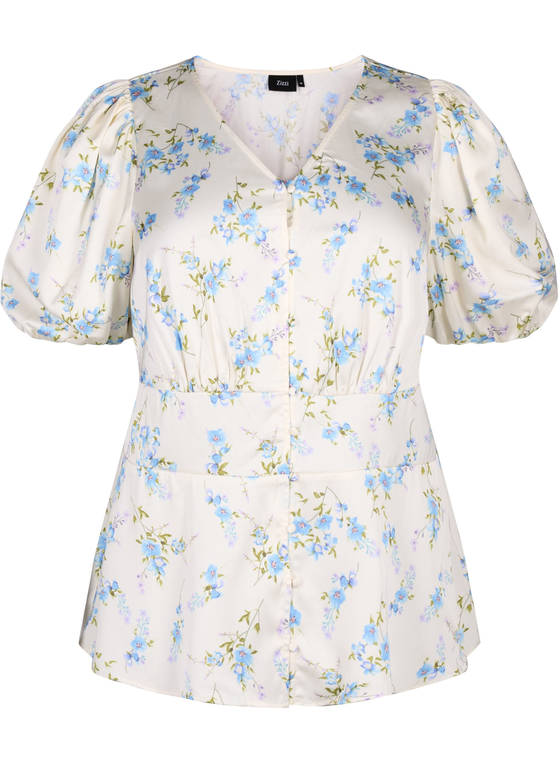 Zizzi Gebl&uuml;mte Satin-Bluse mit Puff&auml;rmeln, Off White Blue Fl., Packshot image number 0