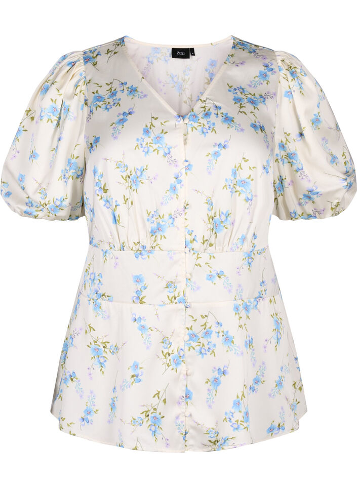 Geblümte Satin-Bluse mit Puffärmeln, Off White Blue Fl., Packshot image number 0