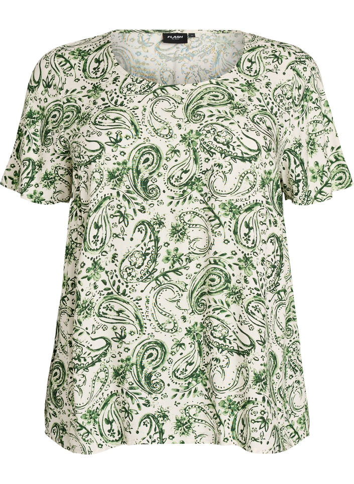 Kurz&auml;rmelige Bluse aus Viskose mit Print, Gr&uuml;n, Packshot image number 0