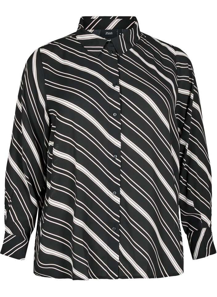 Gemusterte Bluse mit langen Ärmeln, Black Stripe, Packshot image number 0