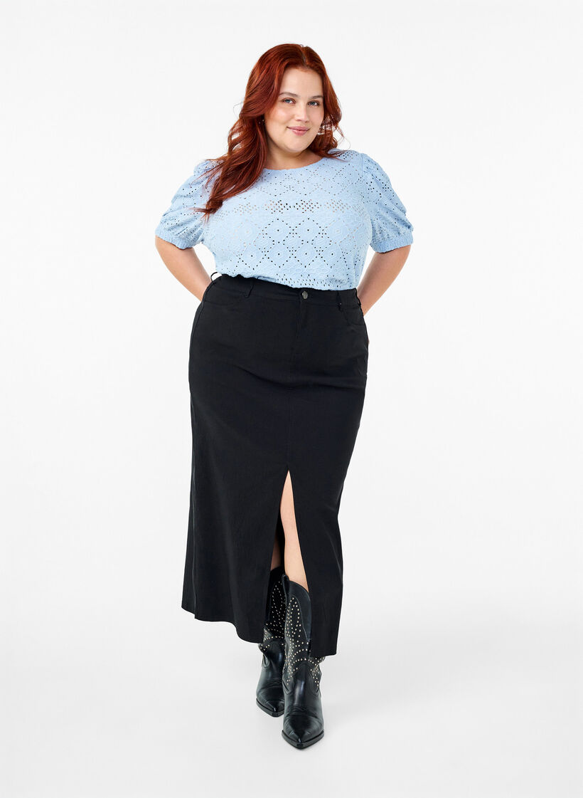  Kurzärmelige Bluse mit Lochmuster, Cashmere Blue, Model image number 2