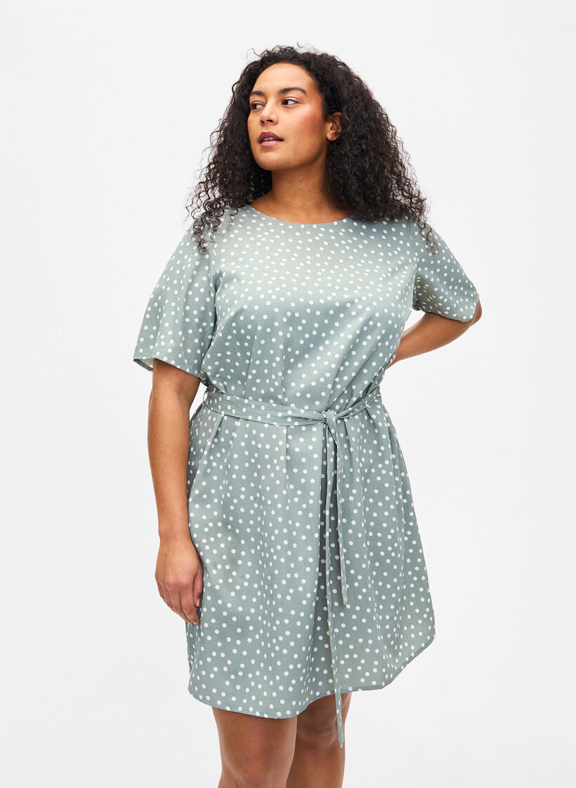 FLASH – Kurzärmeliges Kleid mit Gürtel, Iceberg Green Dot, Model image number 0