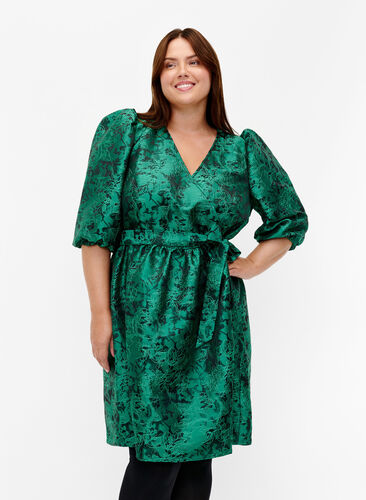 Kurzes Wrap-Kleid mit 3/4-Ärmeln, Green , Model image number 0