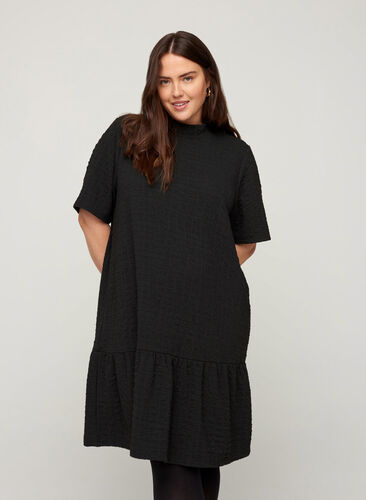 Kurzarm Kleid mit Struktur und A-Linie, Black, Model image number 0