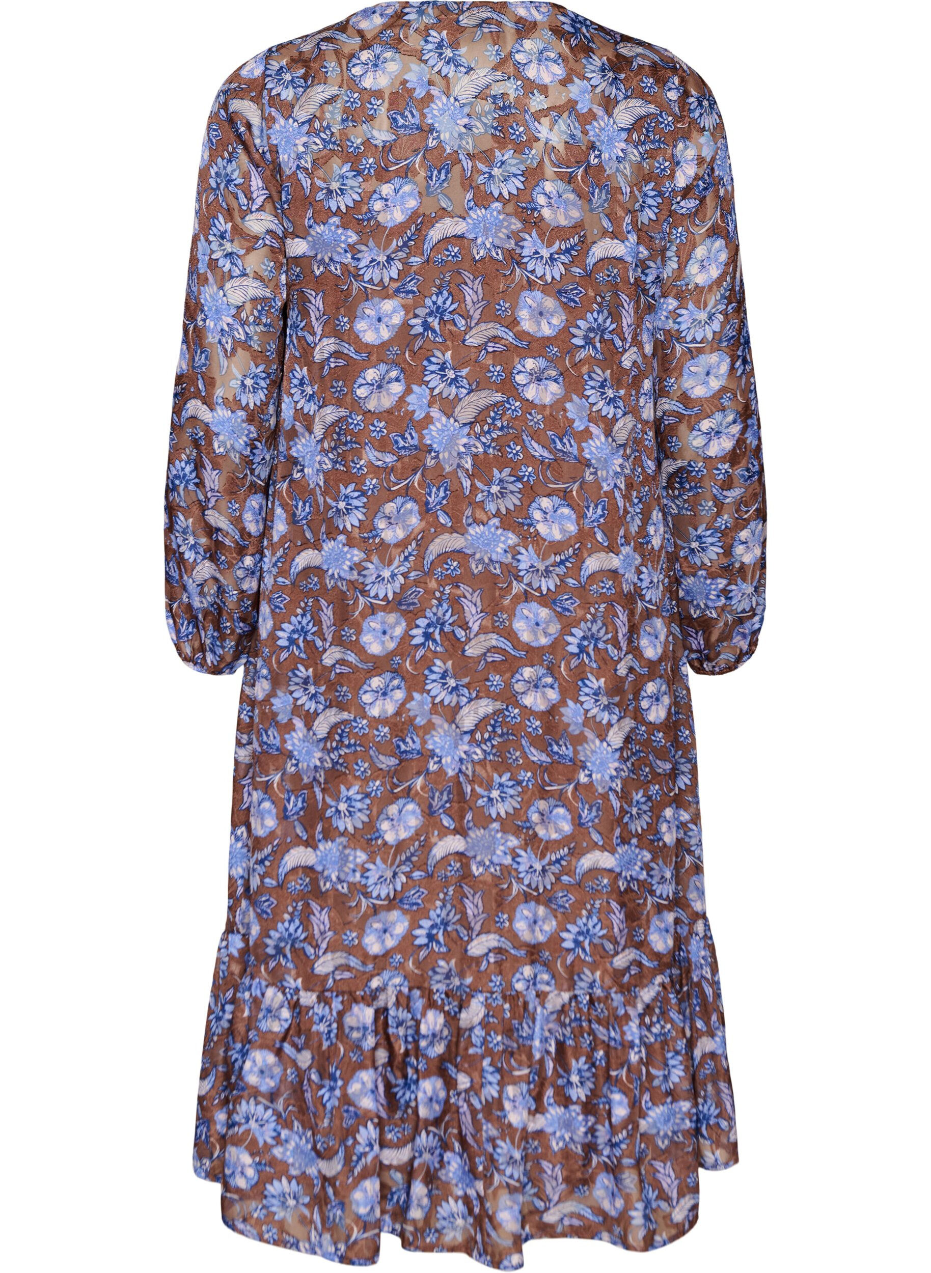 ZizziGebl&uuml;mtes Midikleid mit R&uuml;schensaum, Braun, Packshot image number 1